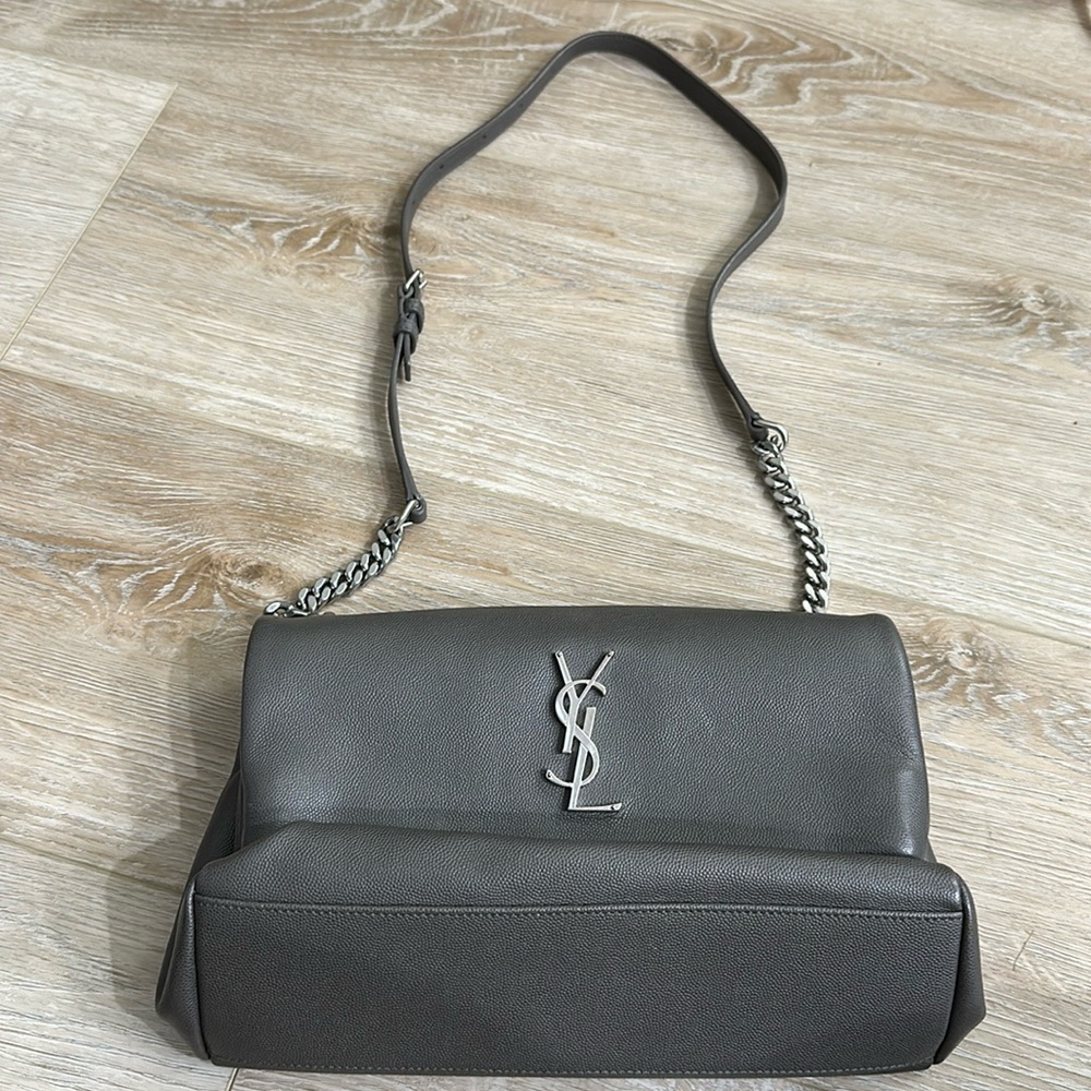 1 YSL hand bag gray genuine leather with preloved seldom used